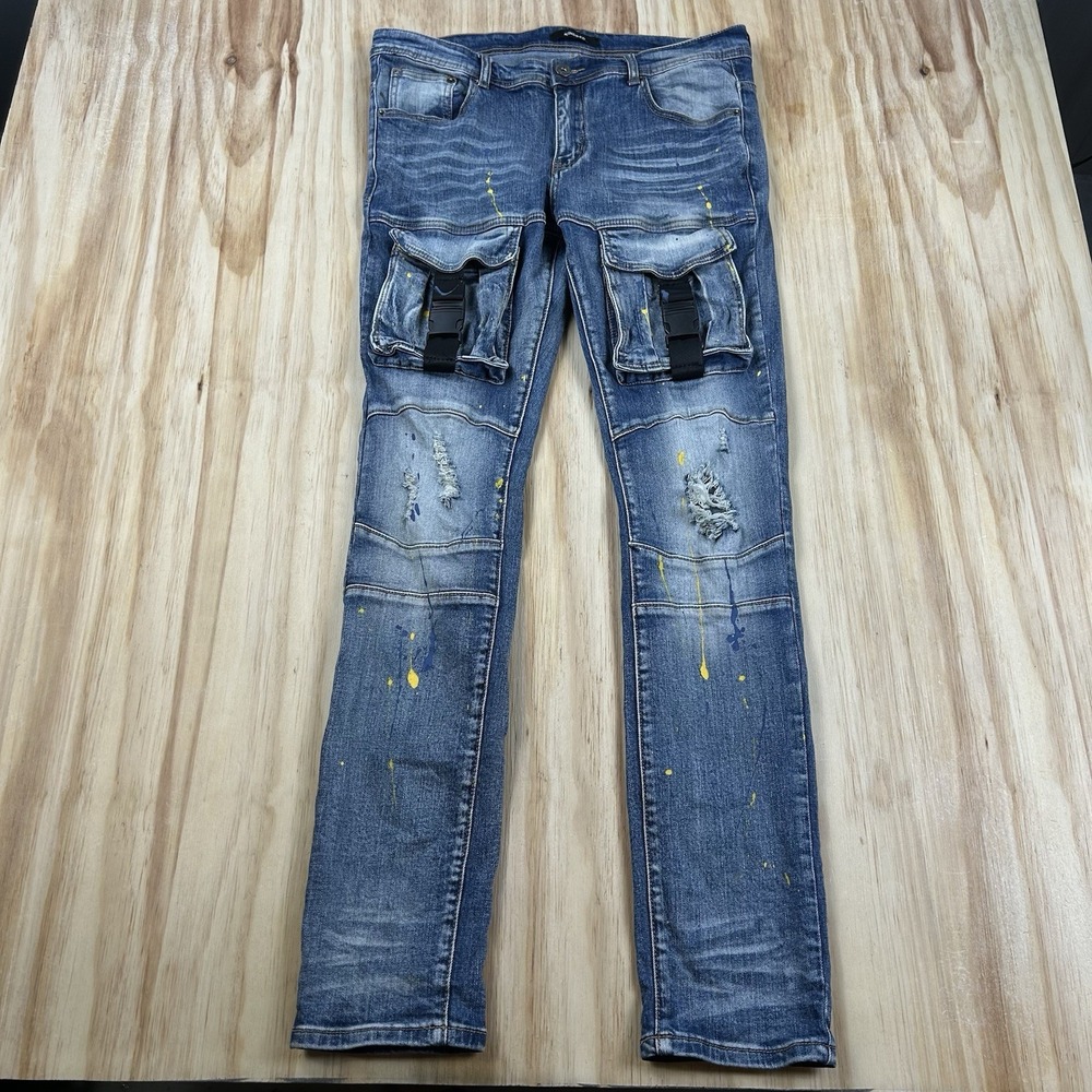 Kindred Mens Designer Streetwear Skinny Pants 34x32 Buckles Paint Splatter